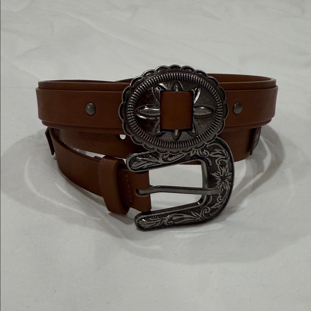 Brown Leather Belt with Silver Buckle